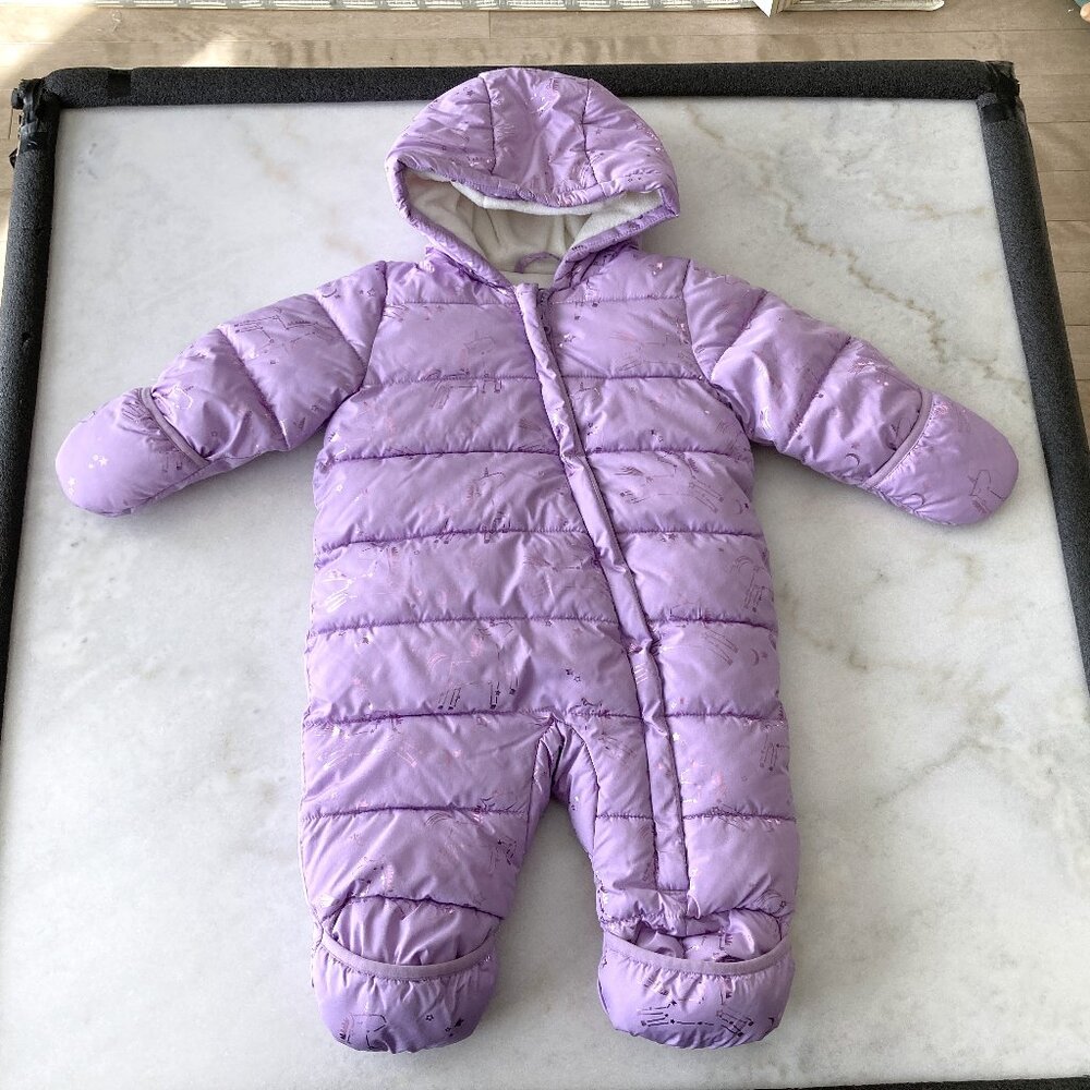 Like new! Purple unicorn baby snowsuit / baby girl winter one piece suit